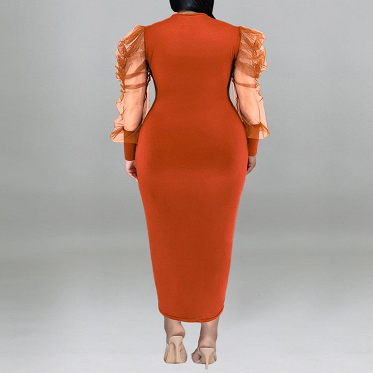 Plus Size Rundhals Mesh Langermet Bodycon Puff Sleeve Bodycon Kjole