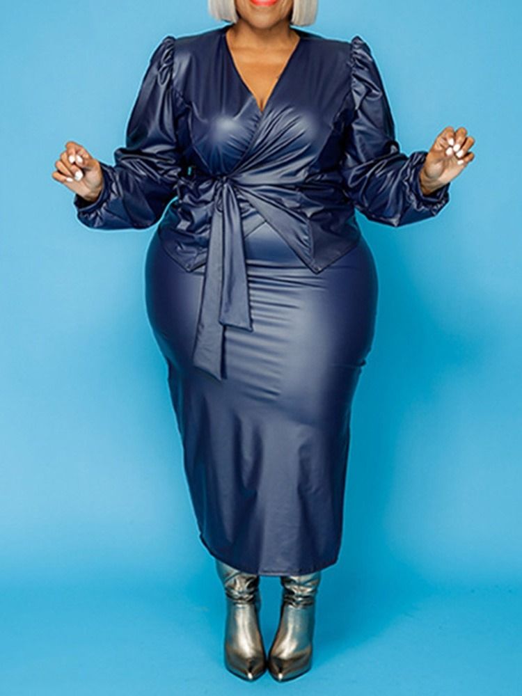 Plus Size Skjørt Lace-Up Sexy V-Hals Bodycon Kvinners Todelt Sett