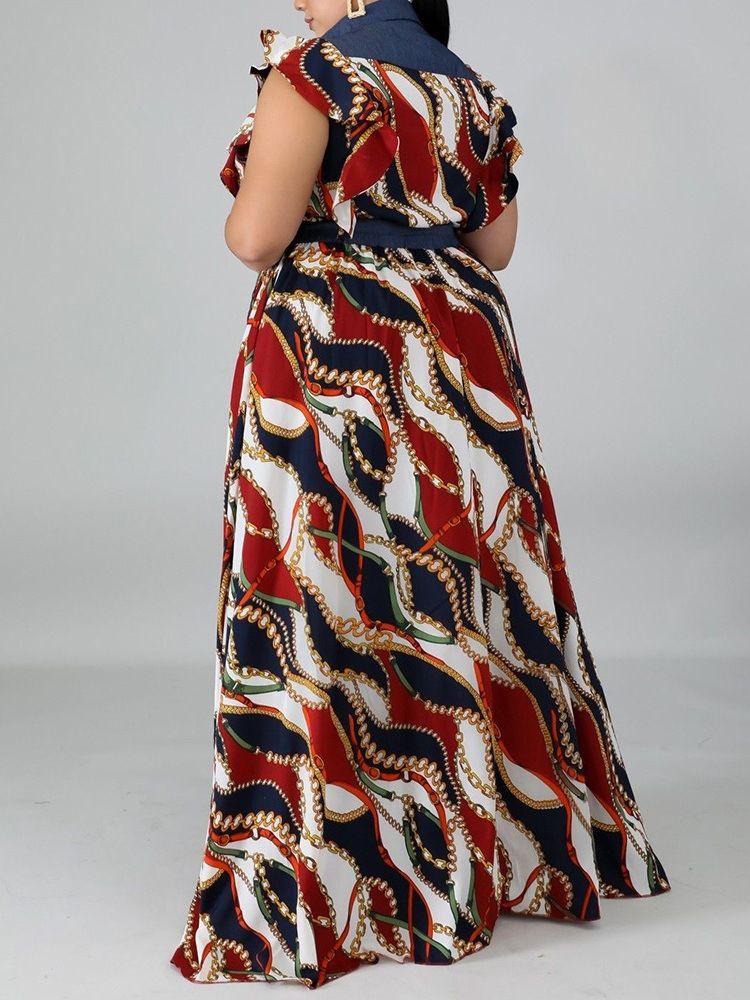 Print Lapel Gulvlang A-Line Plus Size Kjole