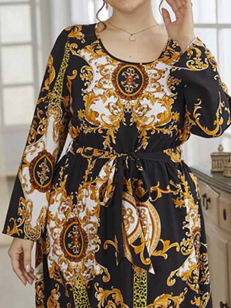 Rund Hals Ankellengde Trykk Våren Western Plus Size Kjole
