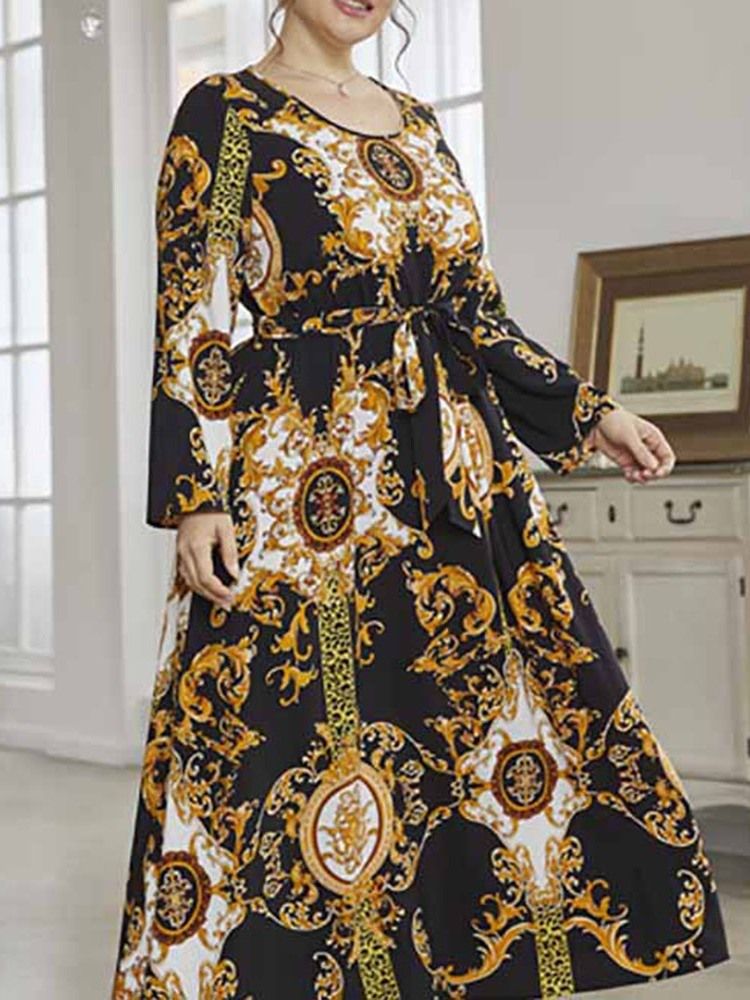 Rund Hals Ankellengde Trykk Våren Western Plus Size Kjole