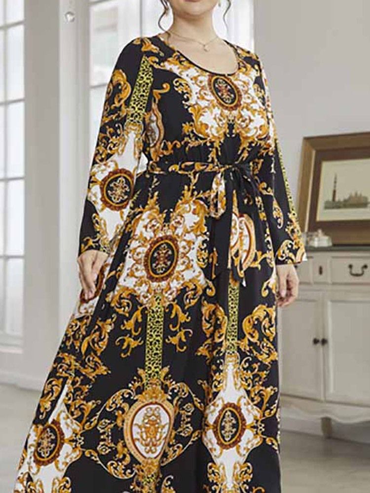 Rund Hals Ankellengde Trykk Våren Western Plus Size Kjole