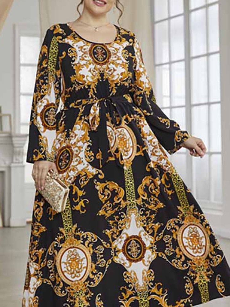 Rund Hals Ankellengde Trykk Våren Western Plus Size Kjole