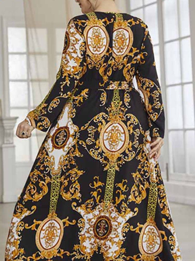 Rund Hals Ankellengde Trykk Våren Western Plus Size Kjole