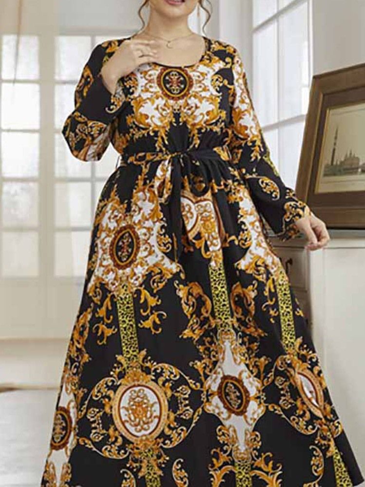 Rund Hals Ankellengde Trykk Våren Western Plus Size Kjole