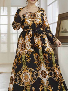 Rund Hals Ankellengde Trykk Våren Western Plus Size Kjole