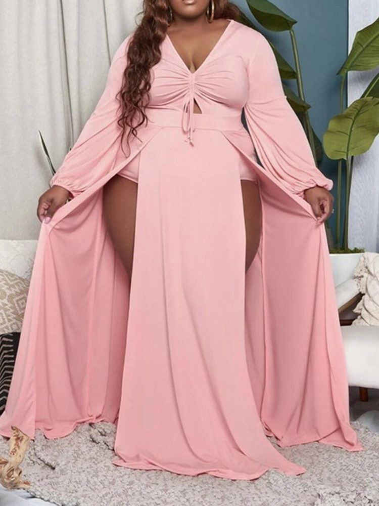 Split Langermet V-Hals Pullover Sexy Maxi Kjole Plus Size