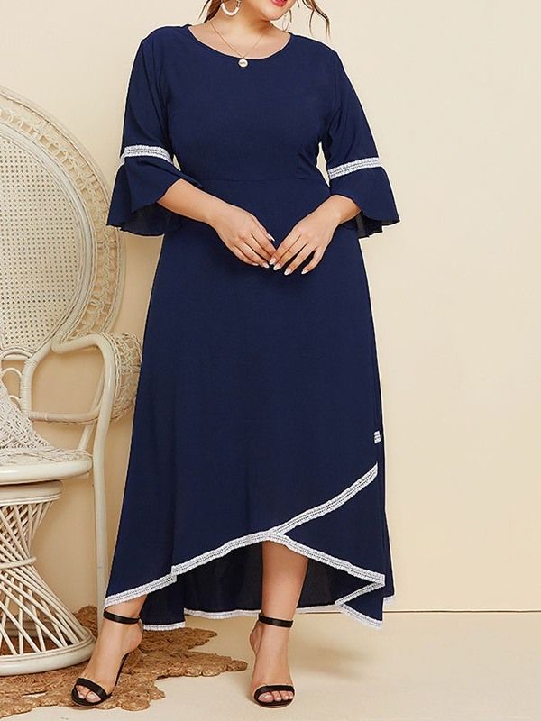 Trekvart Erme Ankellang Rund Hals Color Block Maxi Kjole Plus Size