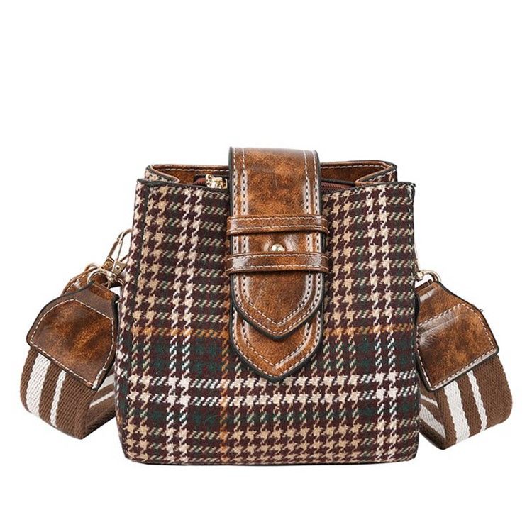Houndstooth Ullblandinger Tønneformet Rutenettet Crossbody Bag