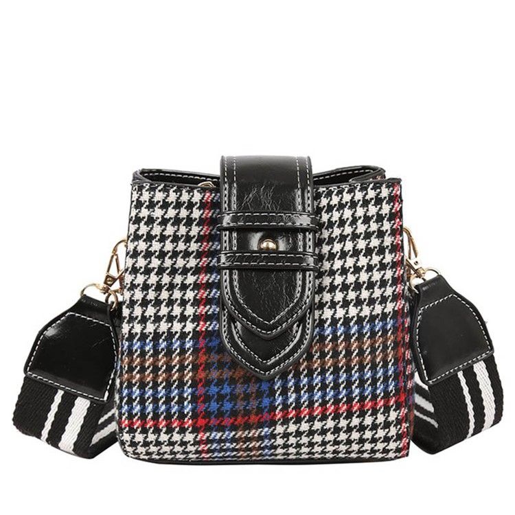 Houndstooth Ullblandinger Tønneformet Rutenettet Crossbody Bag