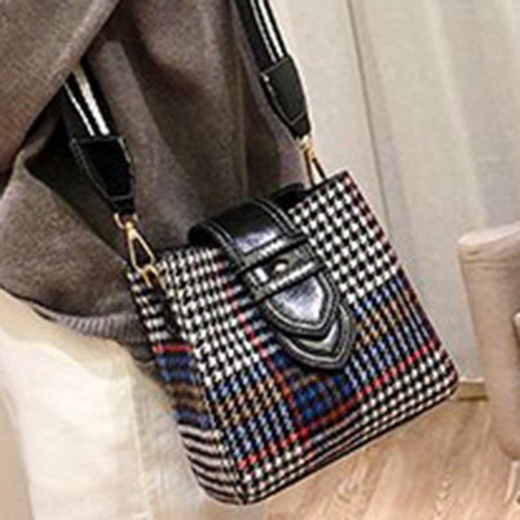Houndstooth Ullblandinger Tønneformet Rutenettet Crossbody Bag