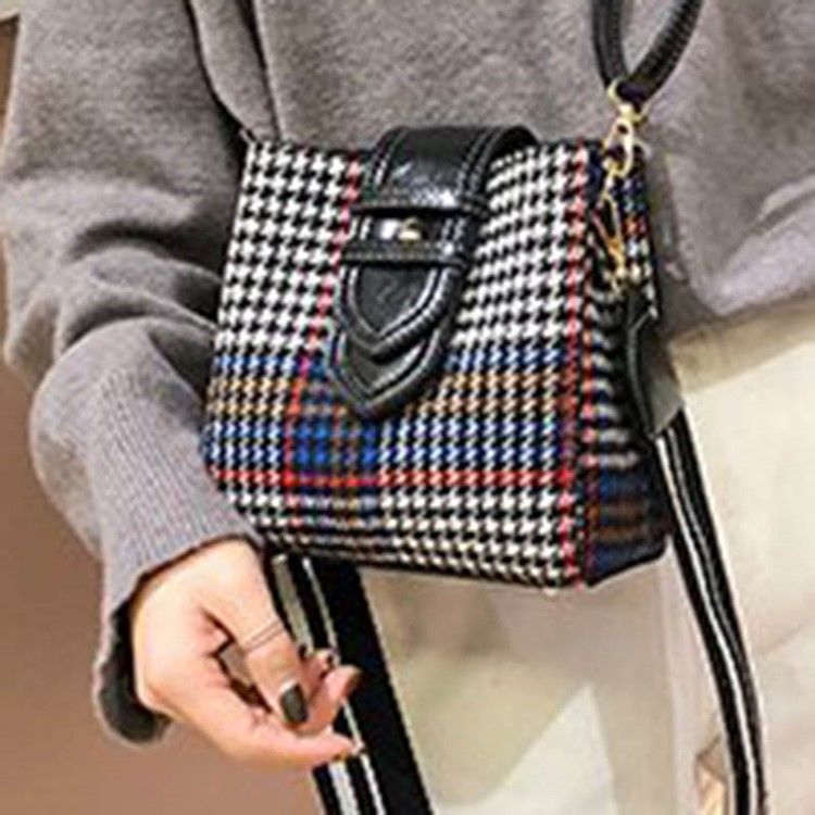 Houndstooth Ullblandinger Tønneformet Rutenettet Crossbody Bag
