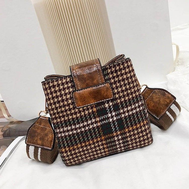 Houndstooth Ullblandinger Tønneformet Rutenettet Crossbody Bag
