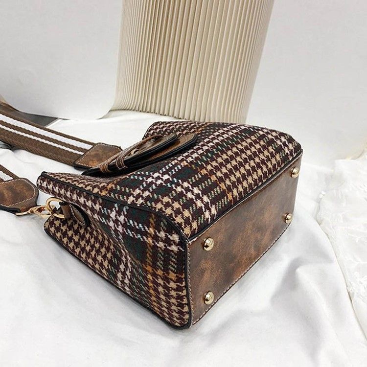 Houndstooth Ullblandinger Tønneformet Rutenettet Crossbody Bag