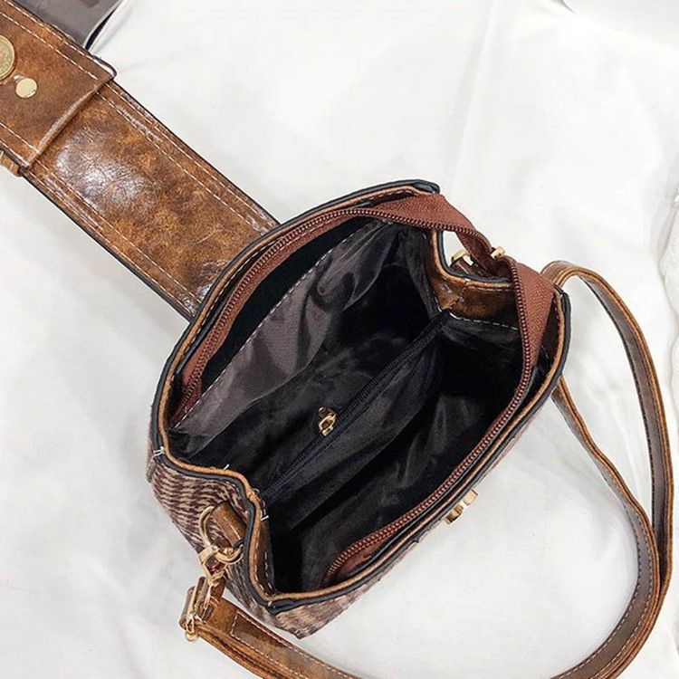 Houndstooth Ullblandinger Tønneformet Rutenettet Crossbody Bag