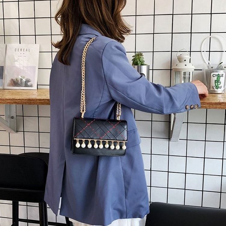 Pu Rutete Kjede Rektangulære Crossbody-Vesker
