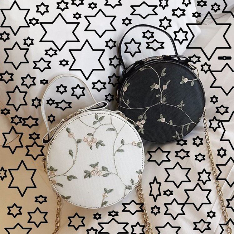 Pu Tråd Floral Glidelås Sirkulære Crossbody Vesker