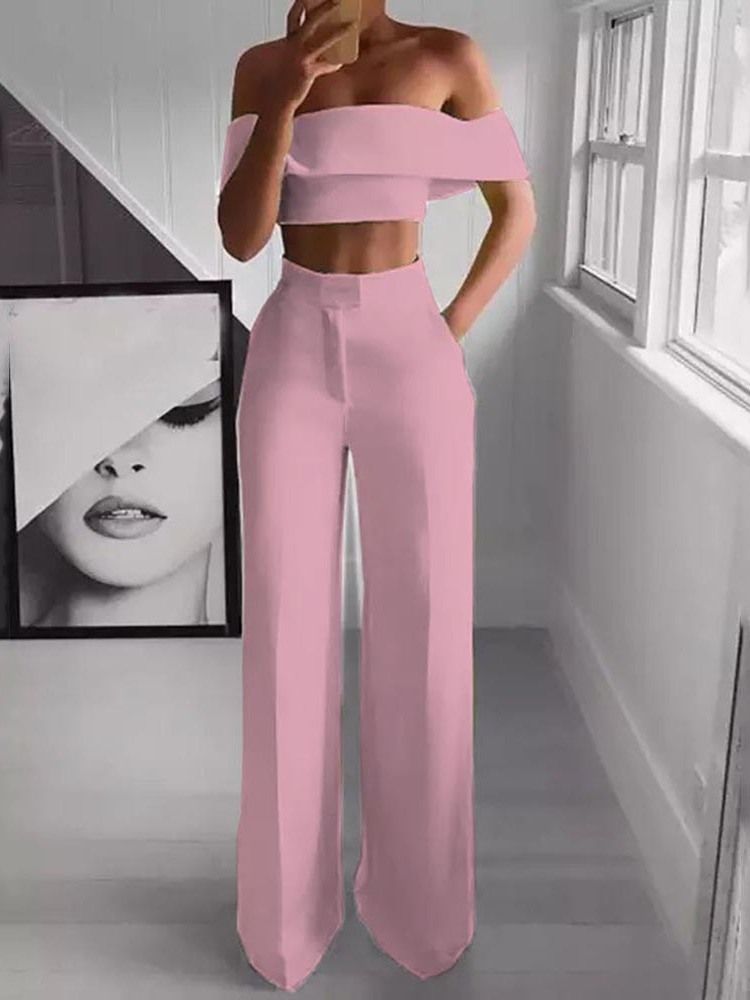 Kontor Dame T-Skjorte Ensfarget Off Shoulder Pullover Kvinners Todelt Sett