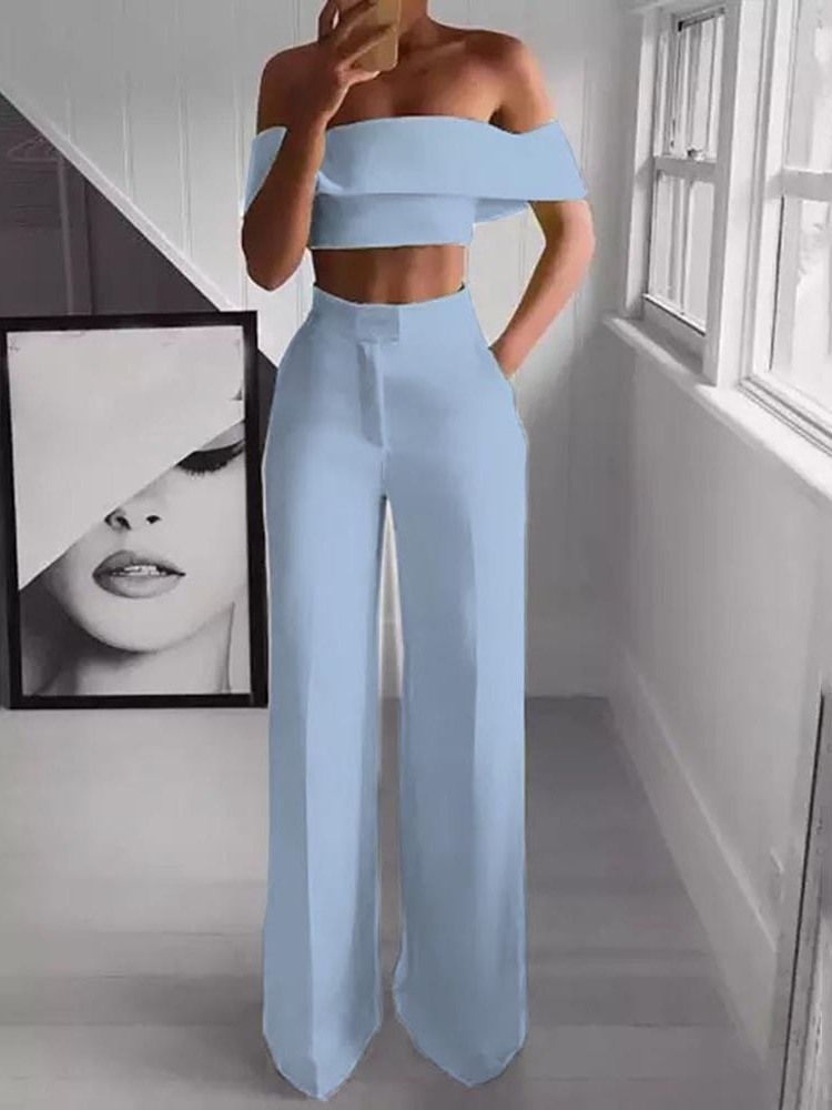 Kontor Dame T-Skjorte Ensfarget Off Shoulder Pullover Kvinners Todelt Sett