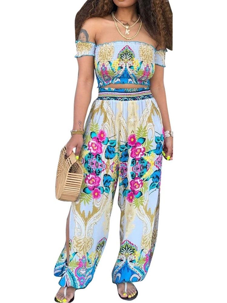 Print Floral Off Shoulder T-Skjorte Og Bukser Todelt Sett