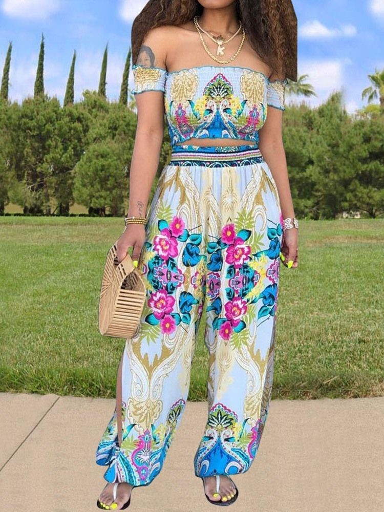 Print Floral Off Shoulder T-Skjorte Og Bukser Todelt Sett