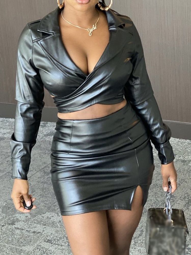 Sexy Ensfarget Skinnfrakk Bodycon Lapel Todelt Sett