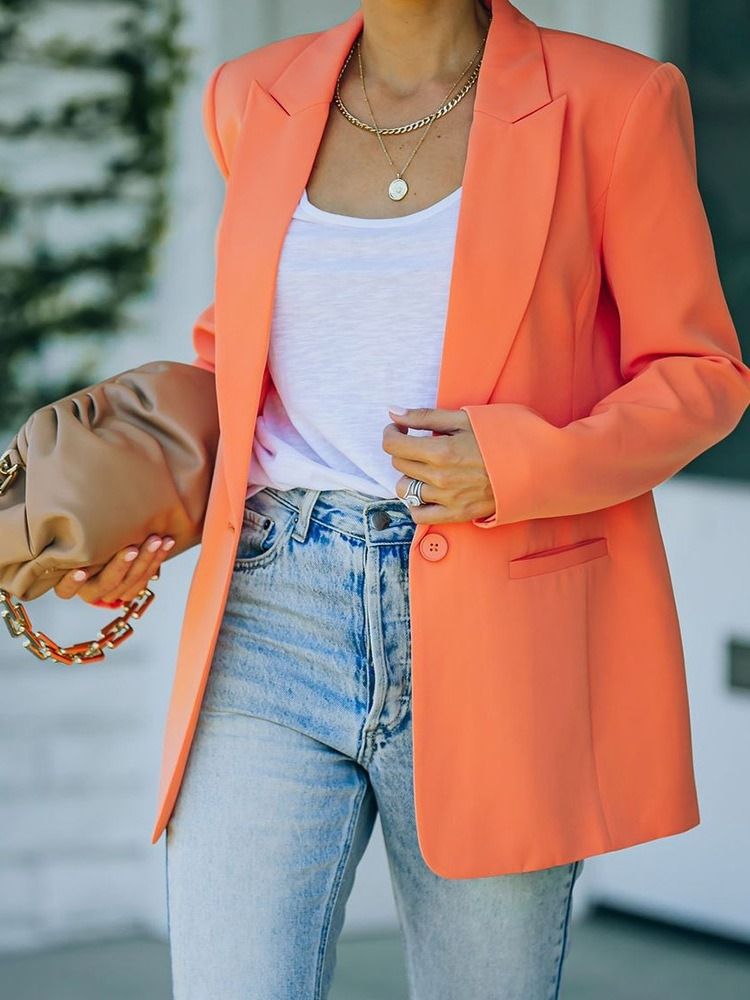 Langermet Ensfarget Jakkeslag Midt-Lengde Våren Casual Blazer
