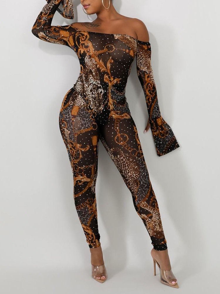 Ankellengde Fargeblokk Off Shoulder Sexy Skinny Jumpsuit Med Mellom Midje
