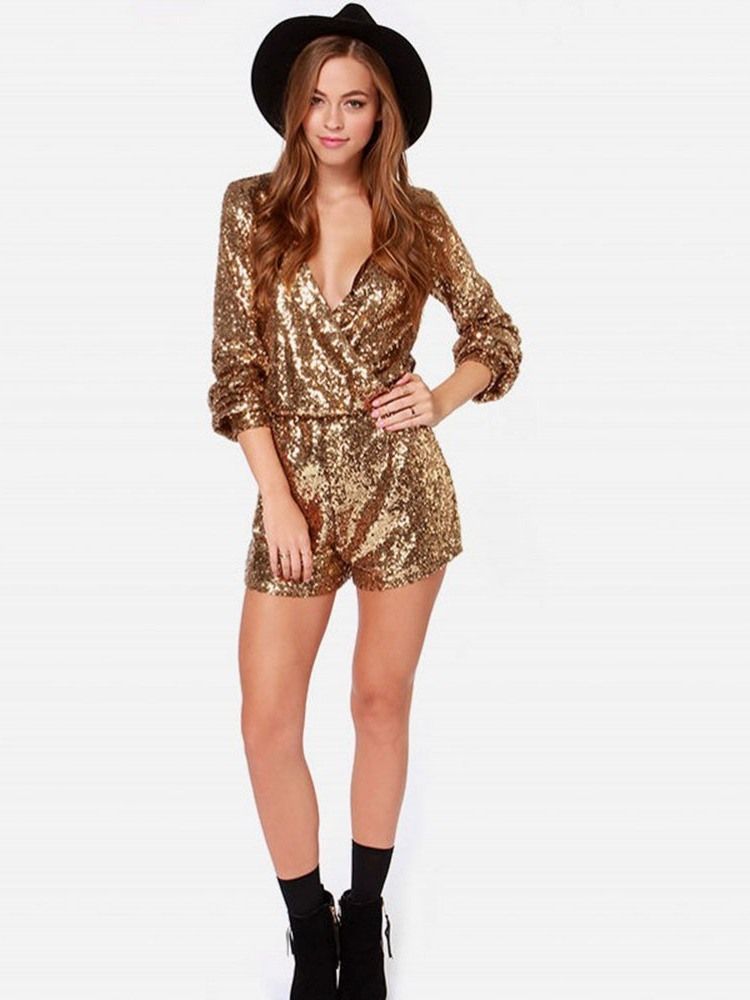 Ensfarget Paljetter Shorts Slim Rett Dame Romper