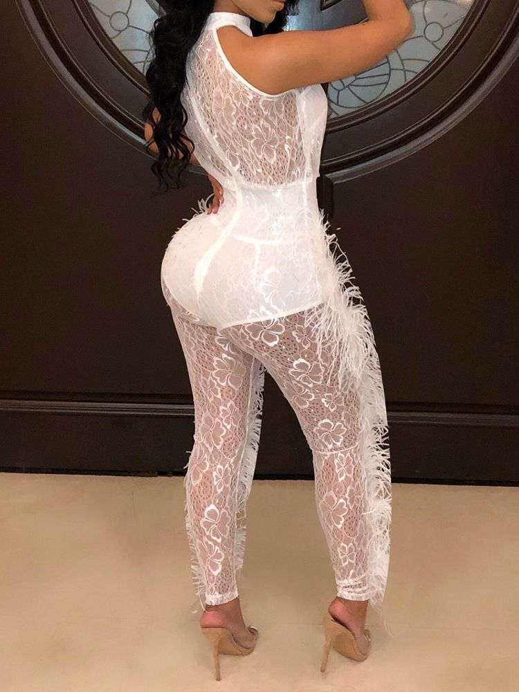Fest Cocktail Full Lengde Feather Sexy Jumpsuit Med Høy Midje