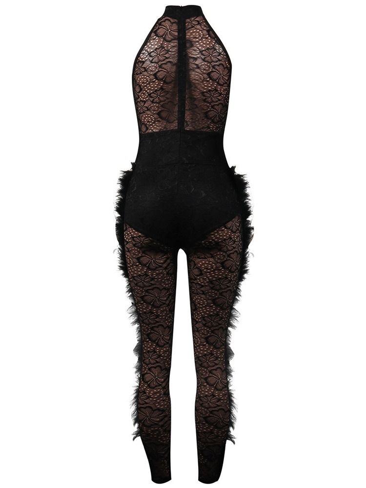 Fest Cocktail Full Lengde Feather Sexy Jumpsuit Med Høy Midje