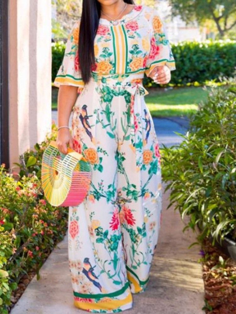 Floral Full Lengde Lace-Up Brede Ben Løs Jumpsuit