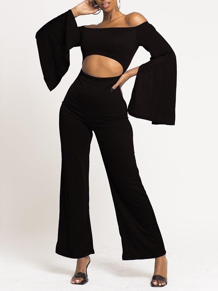 Full Lengde Ensfarget Hul Dame Jumpsuit Med Slanke Brede Ben
