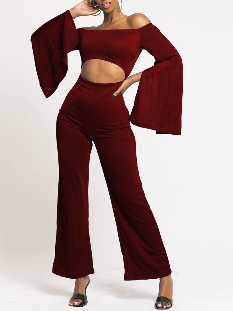 Full Lengde Ensfarget Hul Dame Jumpsuit Med Slanke Brede Ben