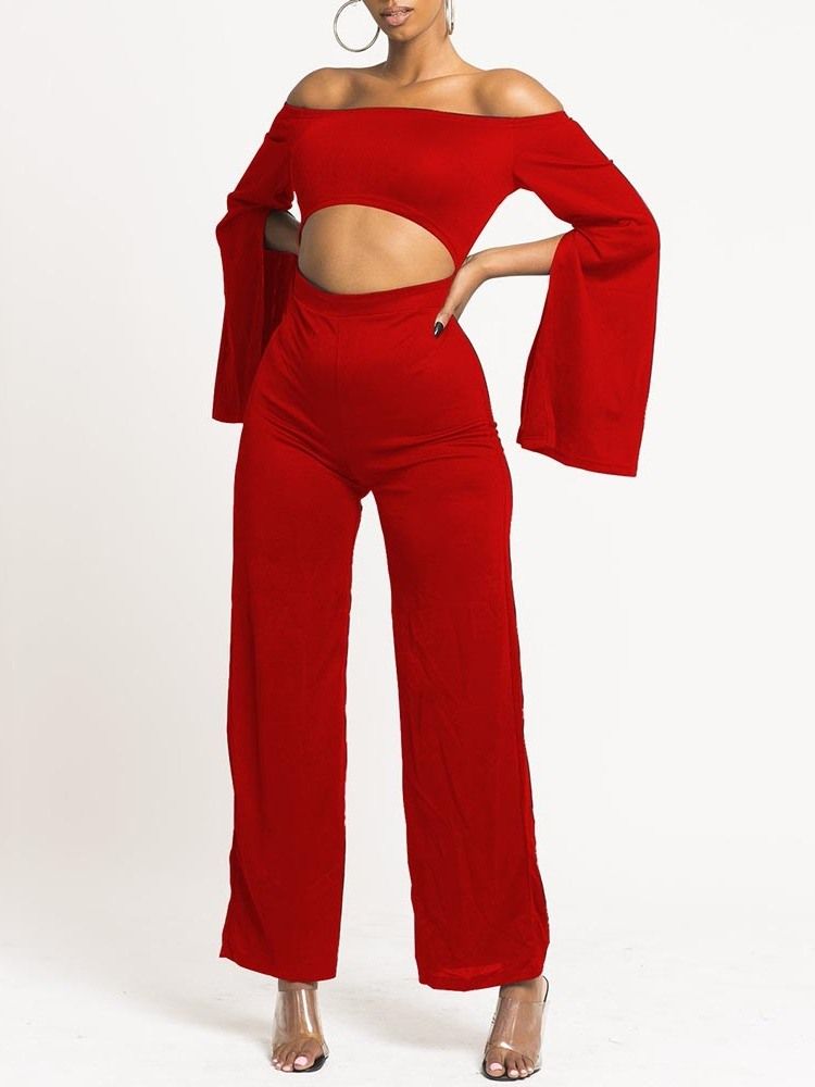 Full Lengde Ensfarget Hul Dame Jumpsuit Med Slanke Brede Ben