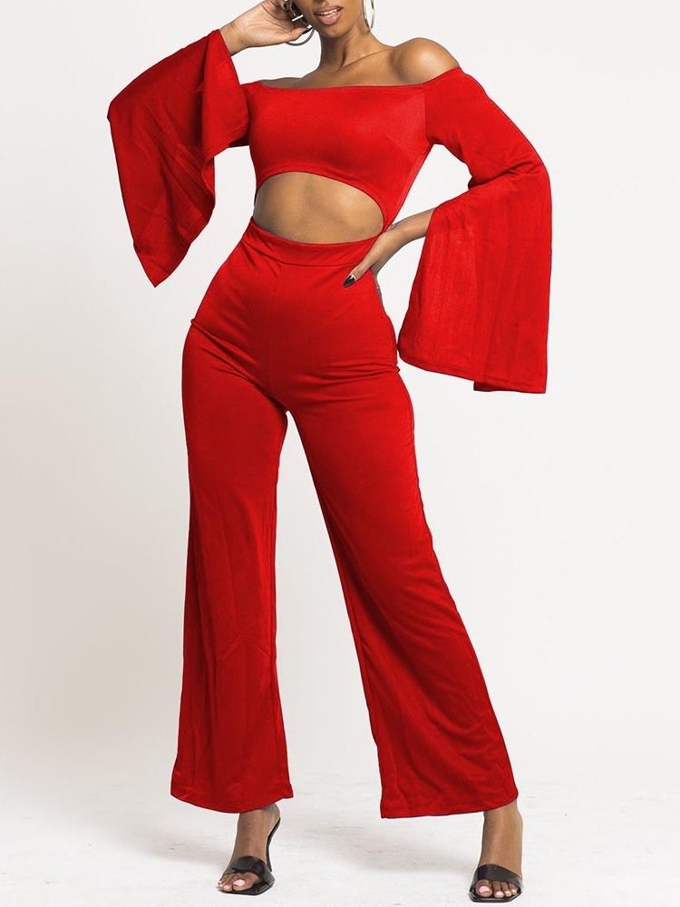 Full Lengde Ensfarget Hul Dame Jumpsuit Med Slanke Brede Ben