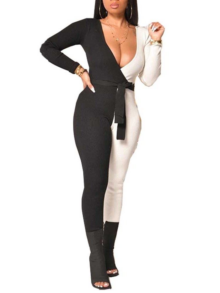Full Lengde Fashion Color Block Skinny Pencil Bukser Jumpsuit For Kvinner