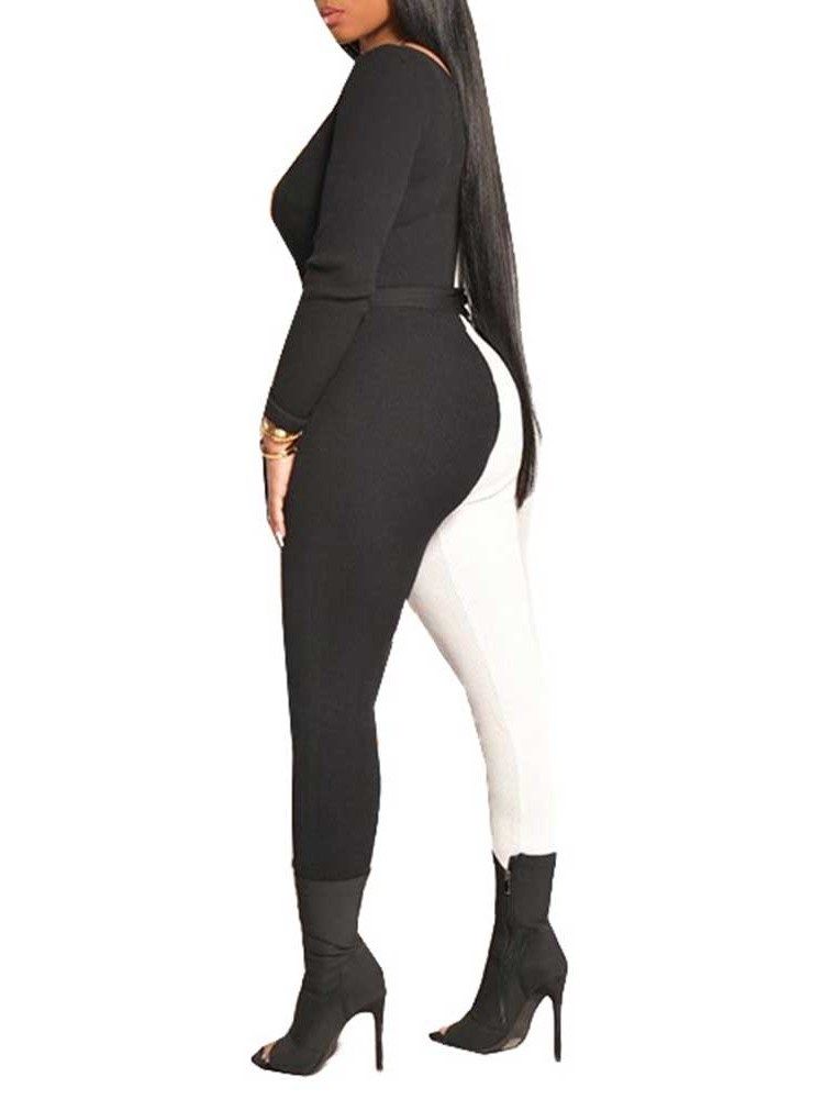 Full Lengde Fashion Color Block Skinny Pencil Bukser Jumpsuit For Kvinner