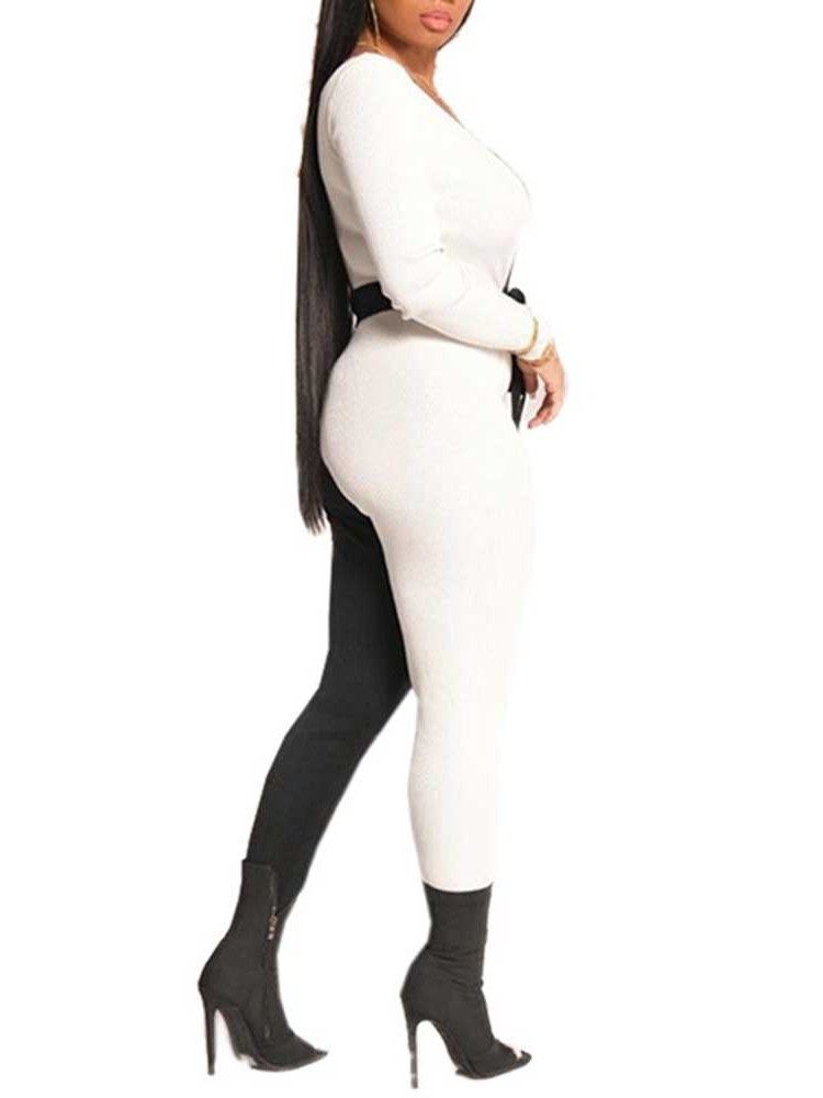 Full Lengde Fashion Color Block Skinny Pencil Bukser Jumpsuit For Kvinner
