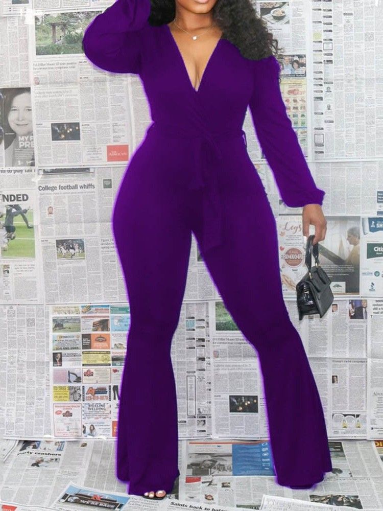 Office Lady Full Lengde Vanlig Bellbottoms Slim Jumpsuit For Kvinner