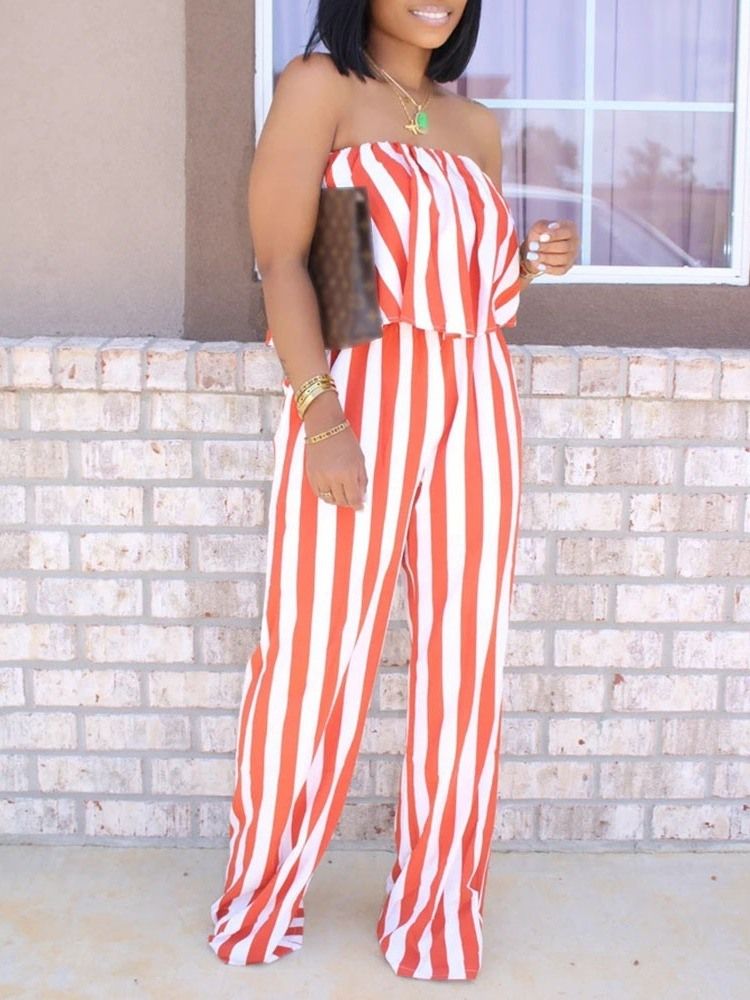 Skriv Ut Full Lengde Stripe Løs Rett Jumpsuit For Kvinner