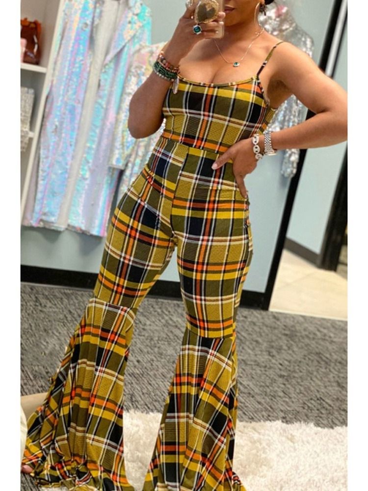 Western Patchwork Rutet Høy Midje Bellbottoms Jumpsuit For Kvinner