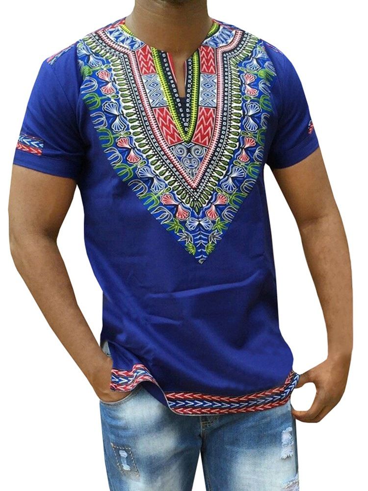 Afrikansk Mote Dashiki Print V-Hals Rett T-Skjorte For Menn