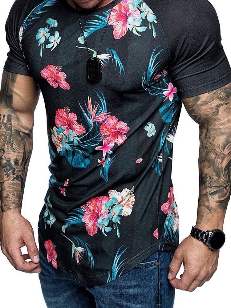 Blomstertrykk Rund Hals Slim T-Skjorte For Menn