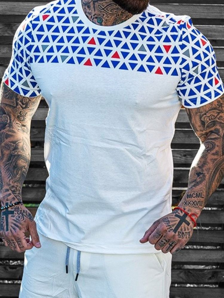 European Print Color Block Løs Pullover T-Skjorte For Menn