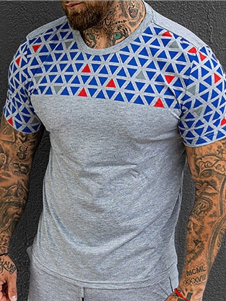 European Print Color Block Løs Pullover T-Skjorte For Menn