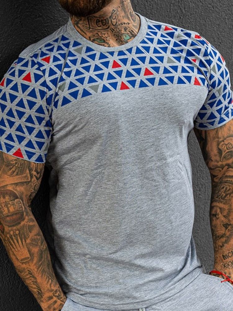 European Print Color Block Løs Pullover T-Skjorte For Menn