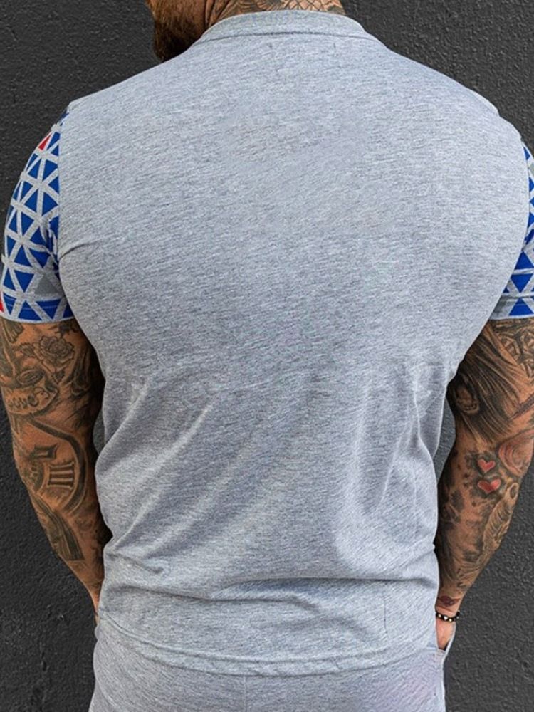 European Print Color Block Løs Pullover T-Skjorte For Menn