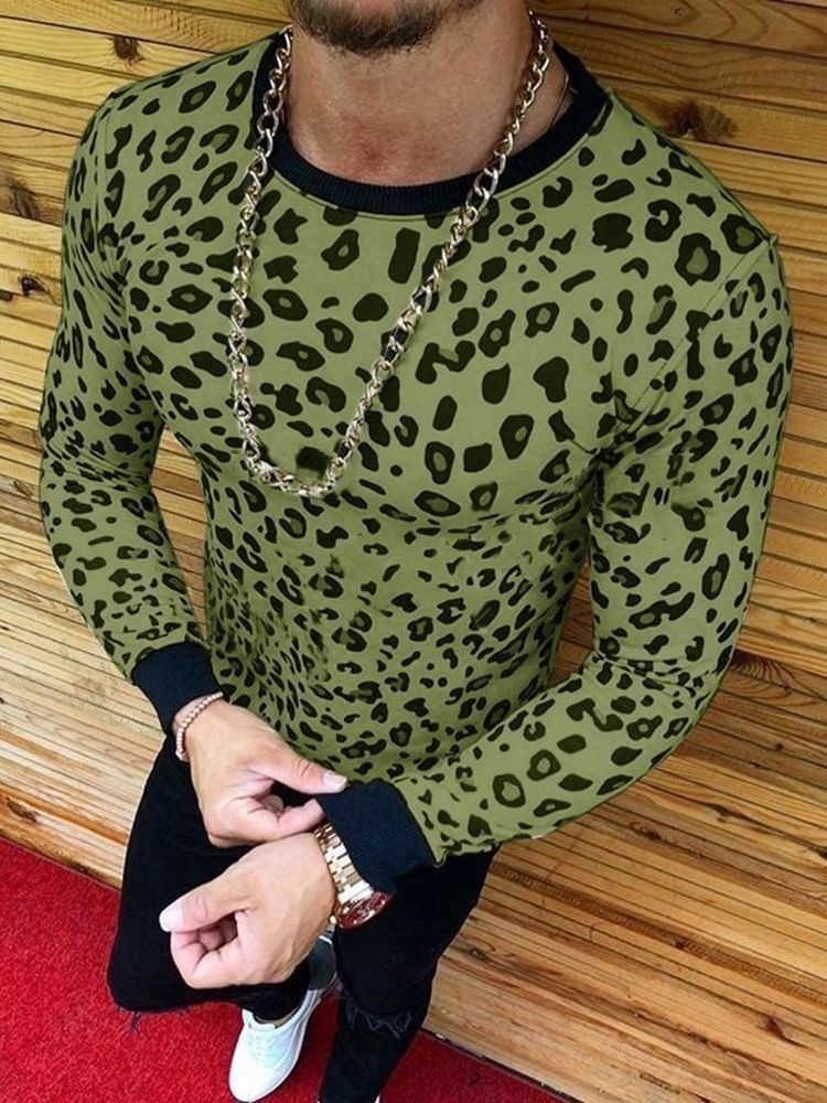 Mote Leopard Rundhals Langermet Stil Slank T-Skjorte For Menn