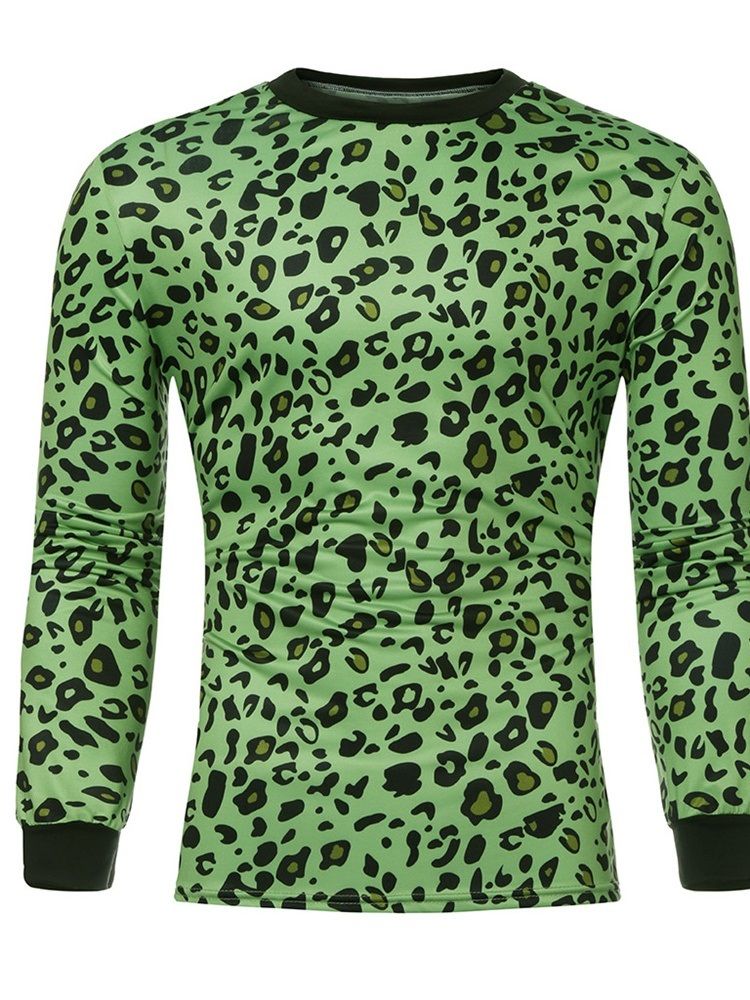 Mote Leopard Rundhals Langermet Stil Slank T-Skjorte For Menn
